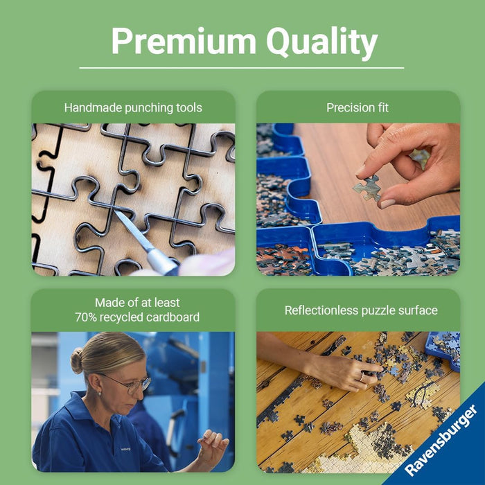 Green graphic highlighting handmade tools, precision fit, recycled cardboard, and a matte, reflectionless puzzle surface.