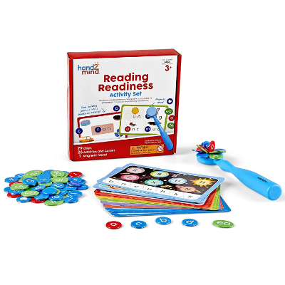 A red box with colorful magnetic chips, activity cards, and a blue magnetic wand picking up letter chips.