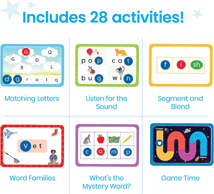 Graphic of six colorful phonics activity cards for letter matching, segmenting sounds, word building, and games.
