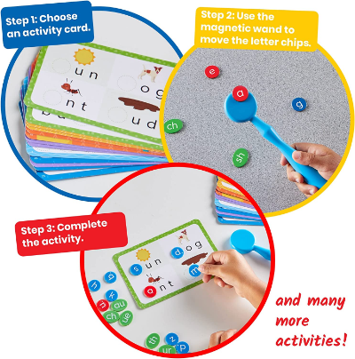 Three-step instructions for using cards, a magnetic wand, and letter chips to complete phonics activities.