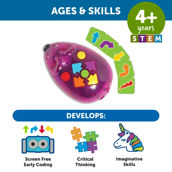 Purple translucent robot mouse with colorful buttons, coding cards, and STEM skill icons for ages 4 and up.