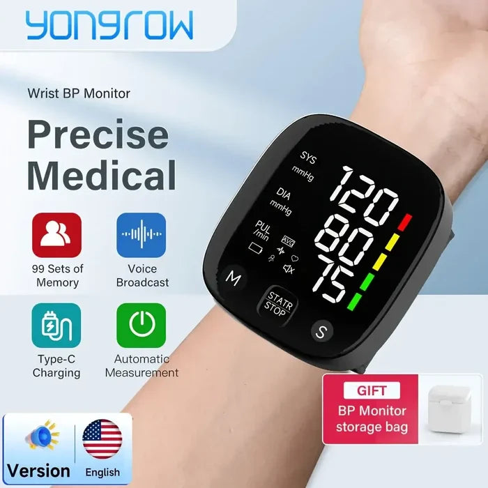 Rechargeable Digital Wrist Blood Pressure Monitor with display, memory storage, voice broadcast, and Type-C charging features.