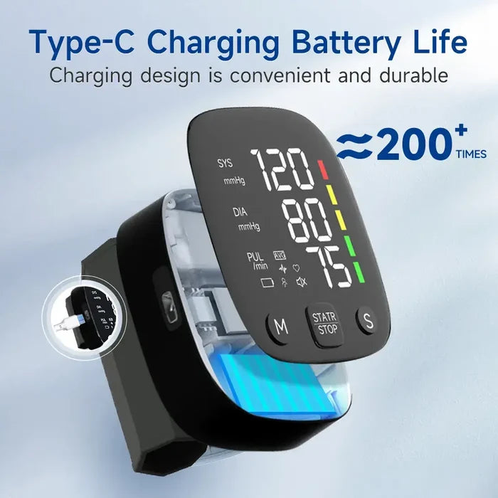 Rechargeable Digital Wrist Blood Pressure Monitor with Type-C charging, durable battery life, showing readings of 120/80mmHg.