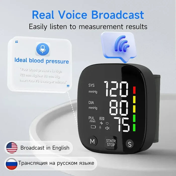 Rechargeable Digital Wrist Blood Pressure Monitor with real voice broadcast feature, shown displaying systolic and diastolic readings.