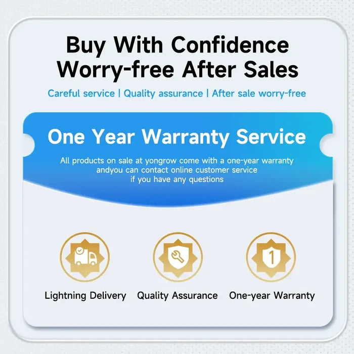 One-year warranty service details with icons for lighting delivery, quality assurance, and one-year warranty.