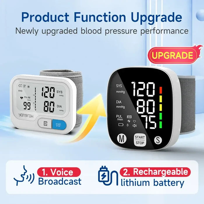 Rechargeable Digital Wrist Blood Pressure Monitor with voice broadcast feature and upgraded performance for accurate readings.