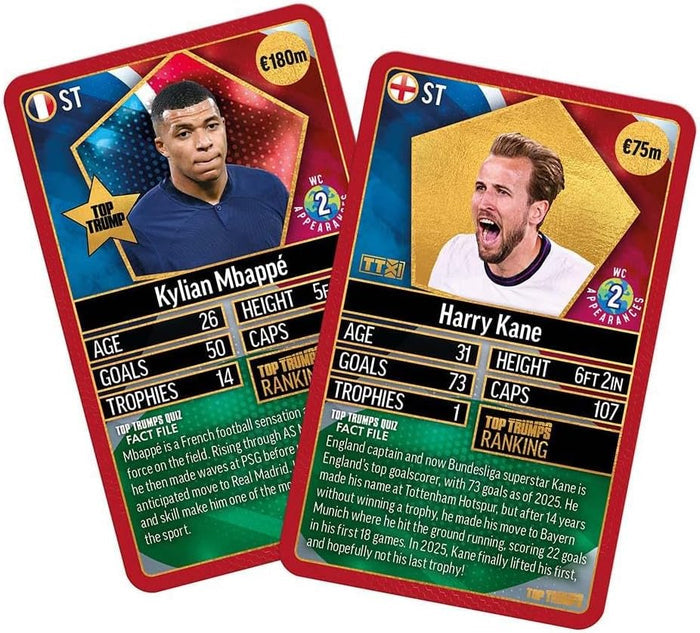 Two red-bordered football trading cards featuring players Kylian Mbappé and Harry Kane with printed statistics.