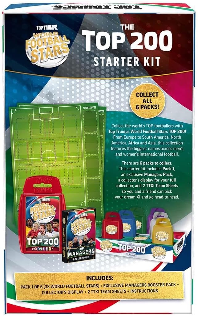 Football card starter kit box with red plastic case, manager booster pack, and green pitch-themed team sheets.