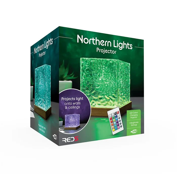 Box for a textured cube lamp glowing green on a wood base, featuring a remote control and color-changing light effects.
