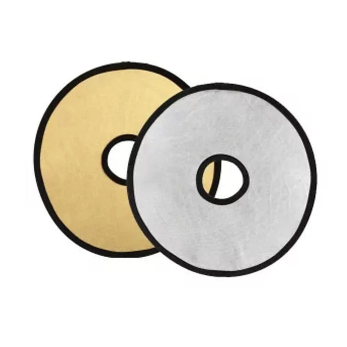 A 2-in-1 round photography reflector showing one side silver and the other gold, with a hollow center design.
