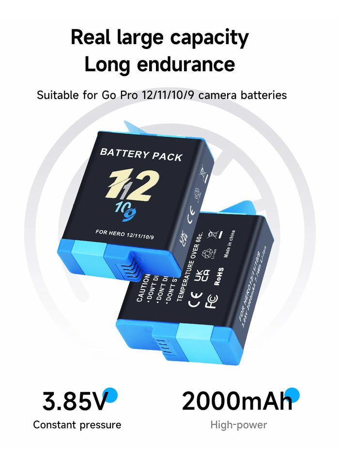 REFLEX CAMERA 2000mAh Rechargeable Battery for GoPro Hero 12-9 – Long-Lasting High-Capacity Backup Power Pack – Easy to Install, Durable, Safe & Compatible with GoPro Accessories & Chargers