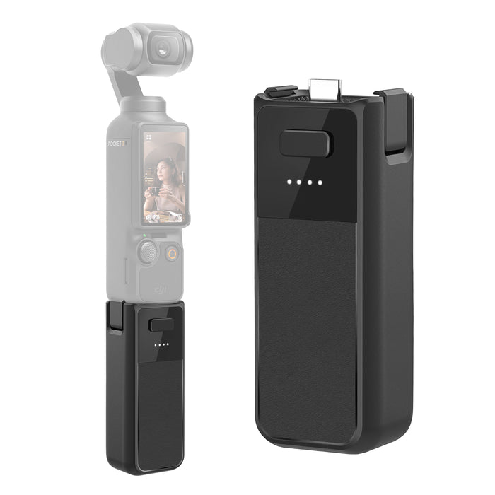 REFLEX CAMERA 2800mAh portable battery handle for DJI Osmo Pocket 3 shown with LED power display and USB-C port.