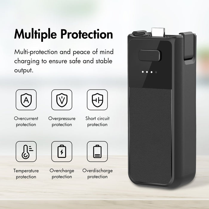 DJI Osmo Pocket 3 battery handle with overcharge, short circuit, overcurrent, and temperature protection icons.