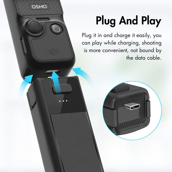 DJI Osmo Pocket 3 portable battery handle with plug-and-play USB-C connection for charging while filming.