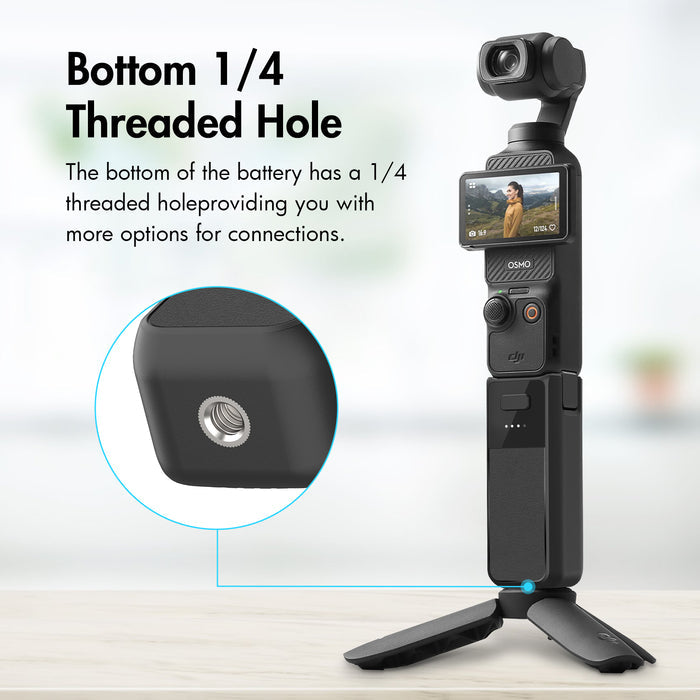 DJI Osmo Pocket 3 battery handle with bottom 1/4-inch threaded hole for tripod or accessory mounting.