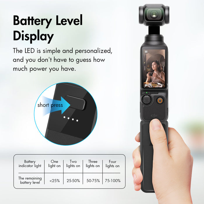 DJI Osmo Pocket 3 battery handle with LED battery level display showing four light indicators for power status.