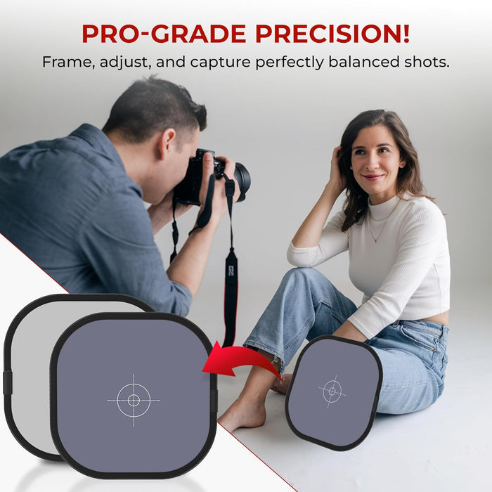 Person taking a photo of a woman with photography equipment using grey card on a white background