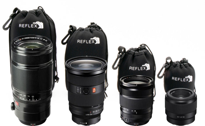 Reflex padded pouches shown with different size camera lenses for size comparison.