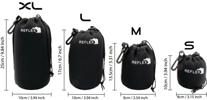 Set of four Reflex lens pouches in sizes S to XL with measurements in cm and inches.