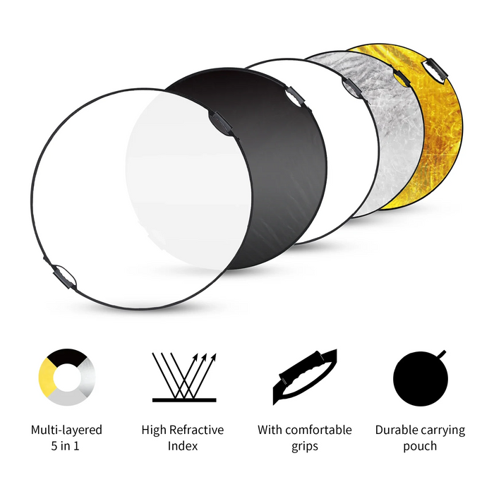 REFLEX CAMERA 5-in-1 Photography Reflector Kit 60×90cm Rectangular | Translucent, Silver, Gold, White, Black | Dual Handle Collapsible Light Reflector with Carrying Case