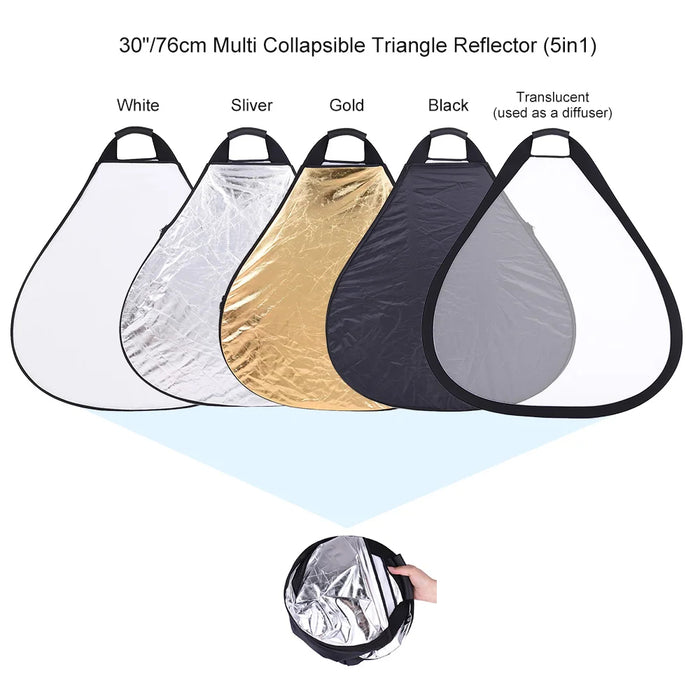 REFLEX CAMERA 5-in-1 Triangle Photography Reflector 80cm (31.5in) | Gold Silver White Transparent Black | Single-Hand Grip | Portable Durable Light Reflector with Carrying Case