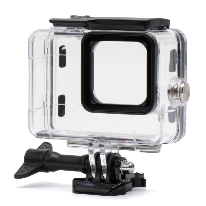 Clear protective case for a camera on a white background