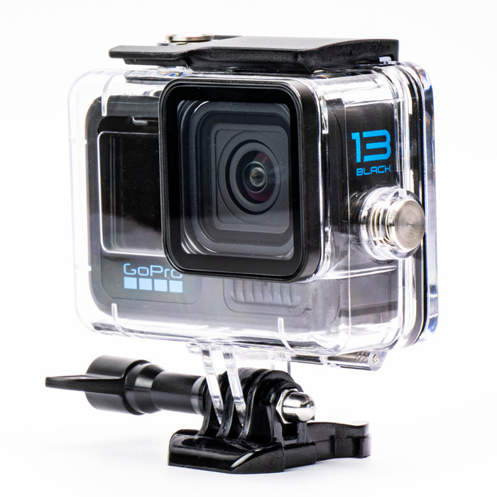 GoPro Black action camera with clear protective case on a white background