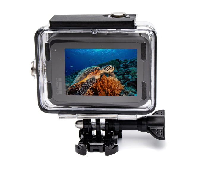 Action camera with underwater housing displaying a turtle on a screen