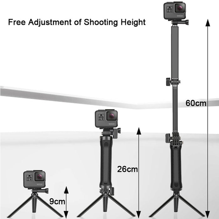 REFLEX CAMERA Foldable 3-Way Adjustable Selfie Stick Tripod for Go Pro Hero 13-9, D J I Osmo Action, Extendable Pole, Hidden Tripod, Action Camera Accessory