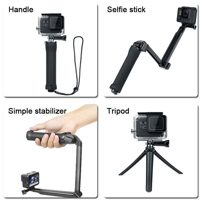 REFLEX CAMERA Foldable 3-Way Adjustable Selfie Stick Tripod for Go Pro Hero 13-9, D J I Osmo Action, Extendable Pole, Hidden Tripod, Action Camera Accessory