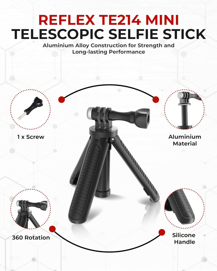 Infographic showing folded and extended dimensions of the Reflex Camera tripod with weight and measurements