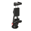 Close-up of black phone clip with metal rods, rubber grips, red pivot points, and bottom knob.