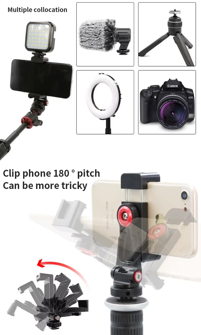 Phone clip with 180° pitch shown in use with lights, tripod, mic, and DSLR attachments.