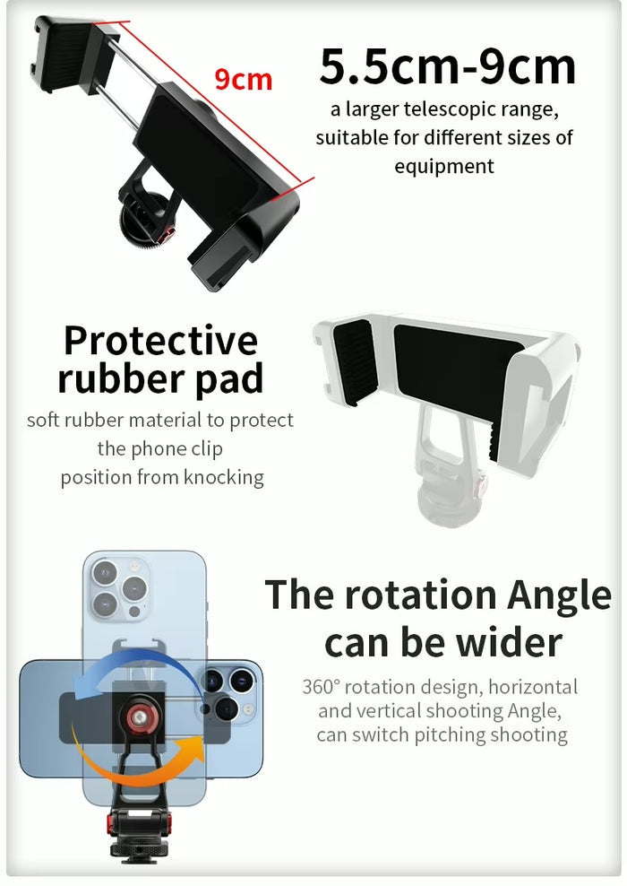 Close-up graphic of the phone clip's features, including a 5.5–9 cm telescopic range and protective rubber pads