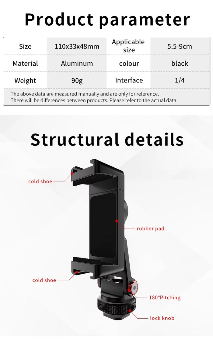 Phone mount product specs table showing size, material, weight, color, interface, and applicable phone size.