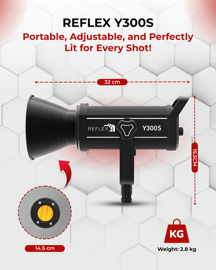 REFLEX CAMERA Professional 300W Dimmable Bi-Color Bowens LED COB Light - Y300S, 3200K-5600K Adjustable, Portable, Flicker-Free, Ideal for Video Production, Photography & Studio Lighting