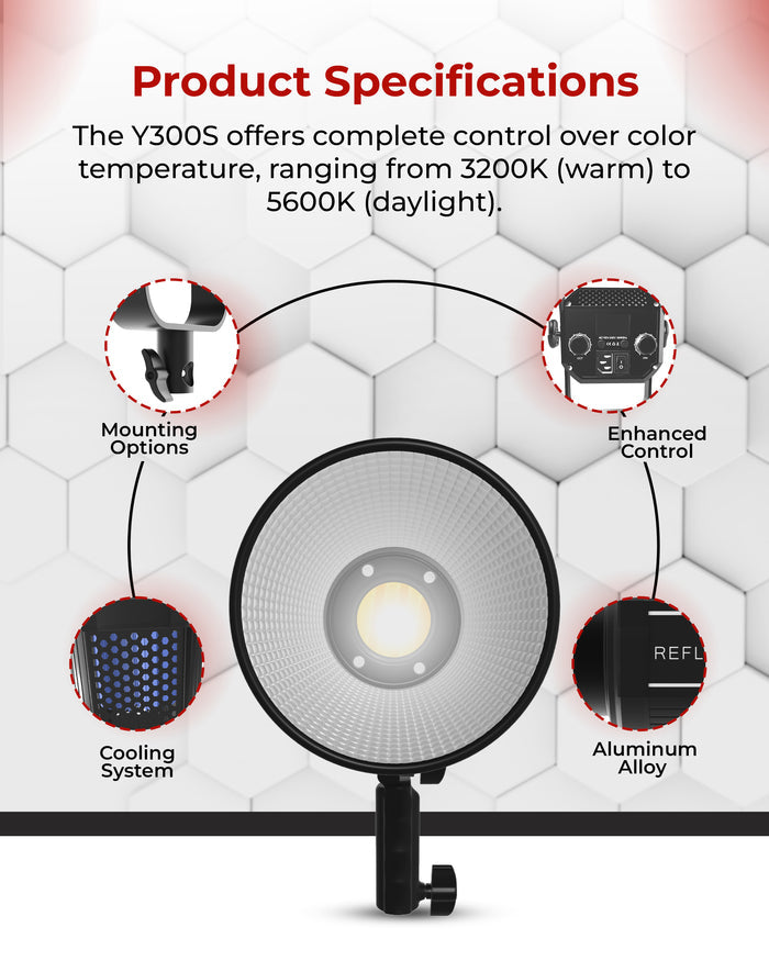 REFLEX CAMERA Professional 300W Dimmable Bi-Color Bowens LED COB Light - Y300S, 3200K-5600K Adjustable, Portable, Flicker-Free, Ideal for Video Production, Photography & Studio Lighting