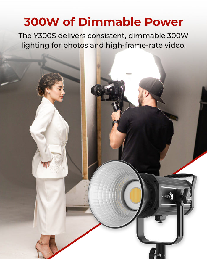 REFLEX CAMERA Professional 300W Dimmable Bi-Color Bowens LED COB Light - Y300S, 3200K-5600K Adjustable, Portable, Flicker-Free, Ideal for Video Production, Photography & Studio Lighting