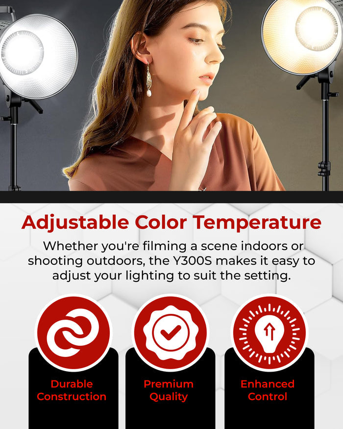 REFLEX CAMERA Professional 300W Dimmable Bi-Color Bowens LED COB Light - Y300S, 3200K-5600K Adjustable, Portable, Flicker-Free, Ideal for Video Production, Photography & Studio Lighting