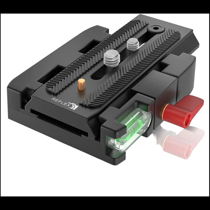 Quick release plate with dual mounting screws built-in bubble level and secure red locking lever for tripods and DSLR cameras