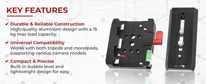REFLEX CAMERA quick release plate with aluminum build, tripod compatibility, and bubble level shown alongside key features