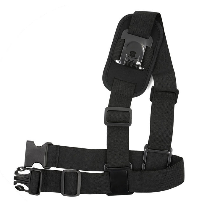 Black adjustable shoulder strap mount harness with quick-release buckle and GoPro-compatible camera base attachment