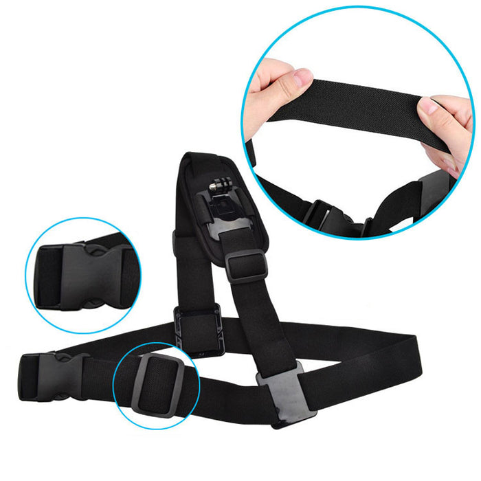 Adjustable shoulder strap mount harness with close-up insets highlighting buckle, strap adjuster, and flexible elastic material for camera mounting