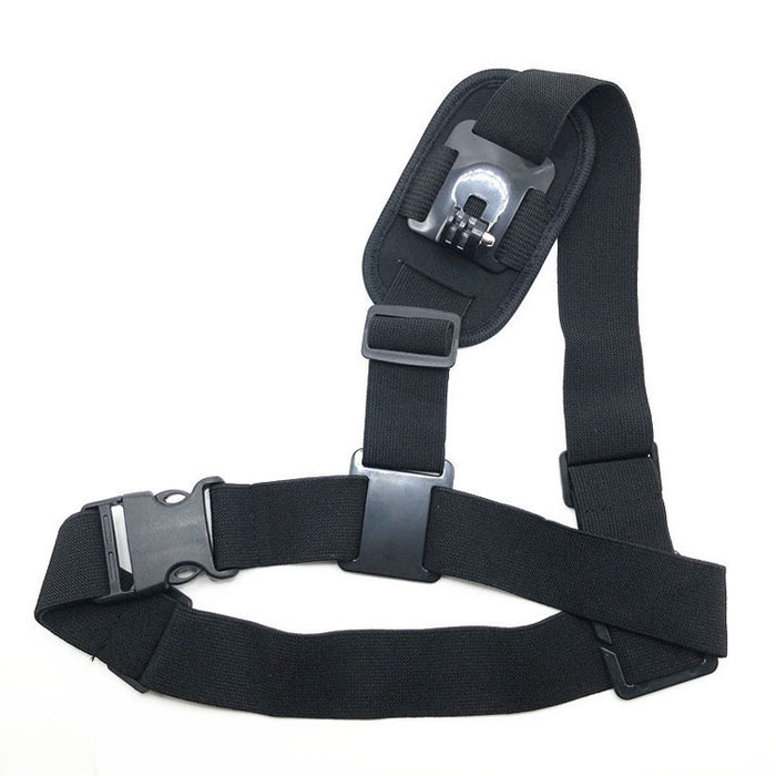 Adjustable black shoulder strap harness with mounting base and buckle clip for action cameras like GoPro and DJI Osmo