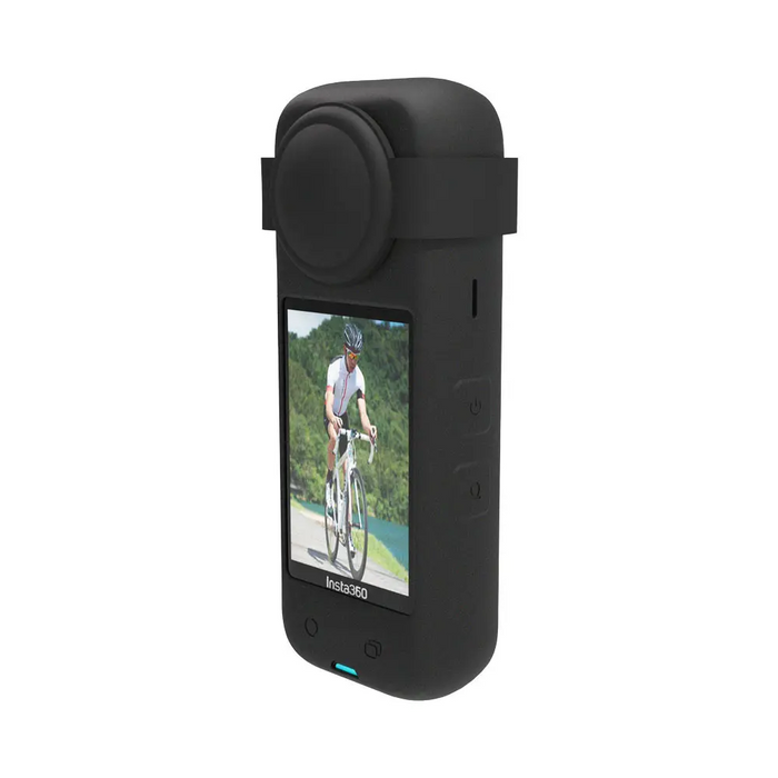 Black action camera with screen displaying a cyclist on a white background