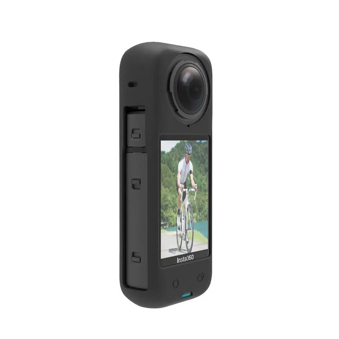 Black 360-degree camera with a screen displaying a cyclist on a white background