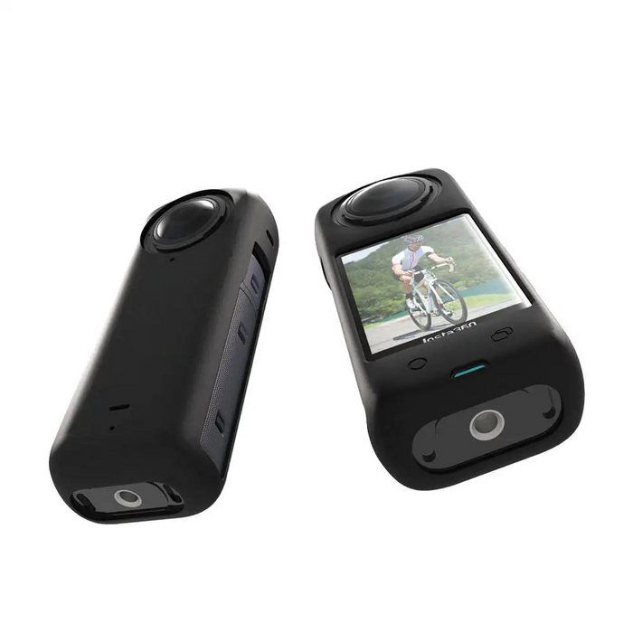 Black action camera with screen displaying a cyclist on a white background