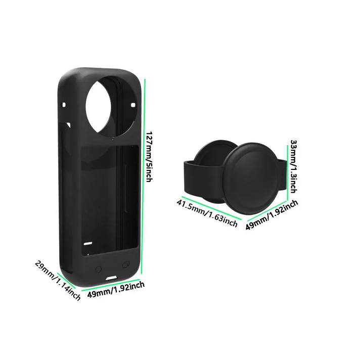 Black Insta 360 X4 case with measurements on a white background