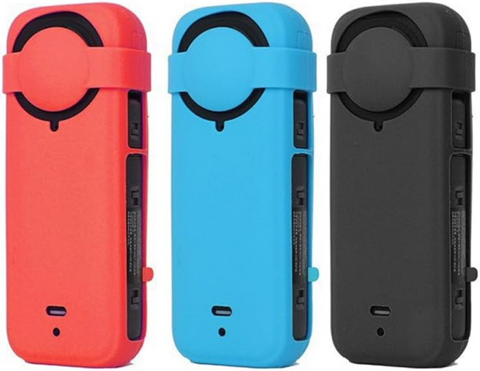 Three different colored cases for a Insta 360 X4 on a white background