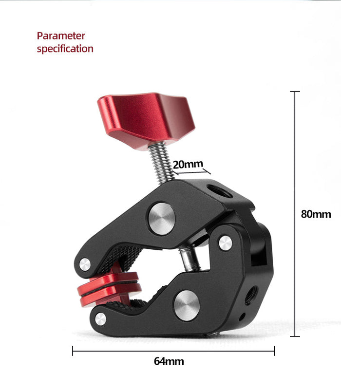 Image of a Super Clamp showing dimensions of 80mm height, 64mm width, and 20mm depth at the red adjustment knob, with a black metal body.